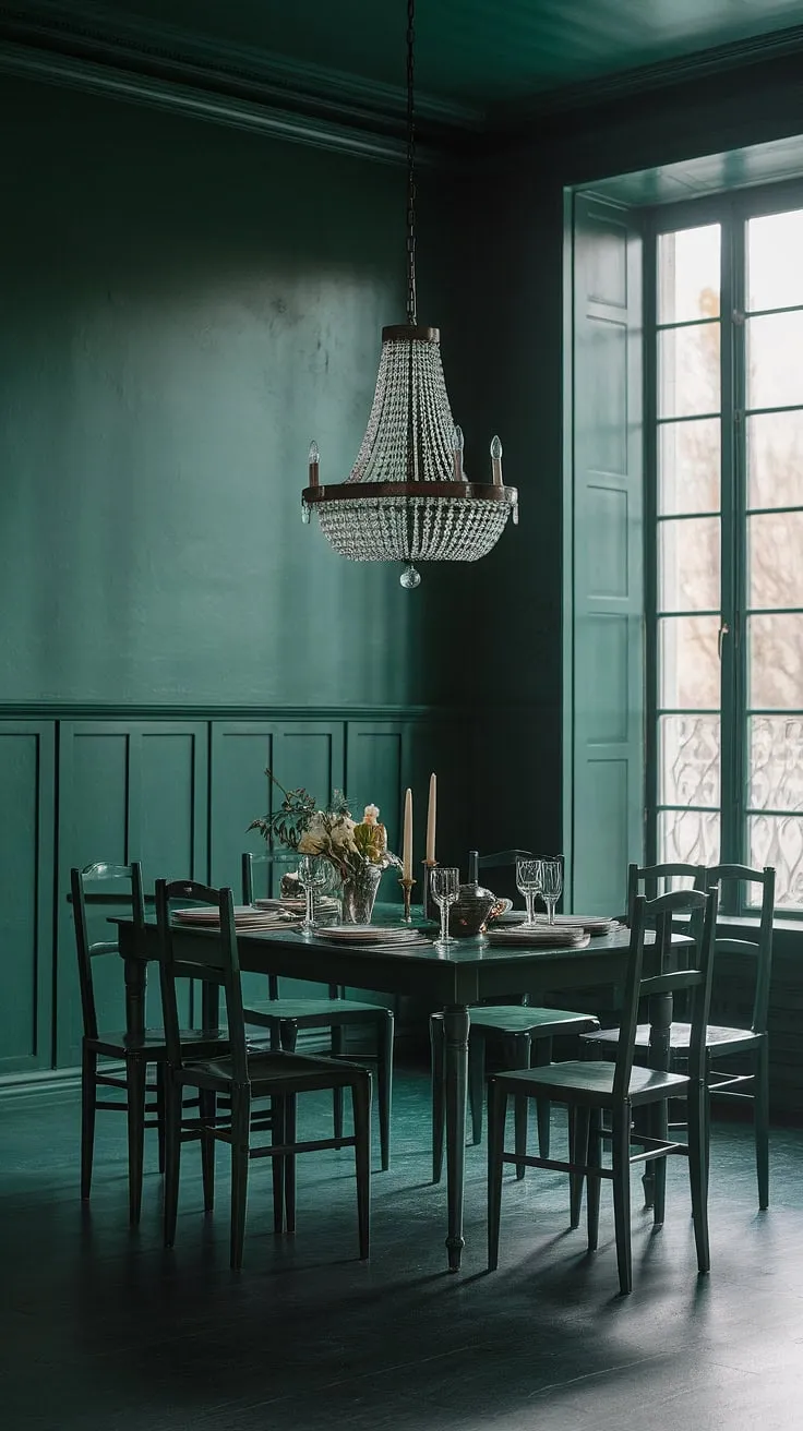 This olive green dining room showcases a harmonious blend of dark green walls and a green dining table, illuminated by natural light for a strikingly moody effect.