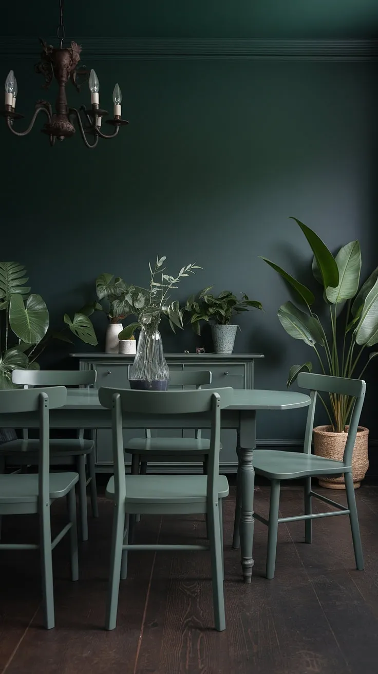 This moody green dining room features dark green walls, a sage green dining table, and green chairs, creating an inviting atmosphere enhanced by a chandelier and potted plants.