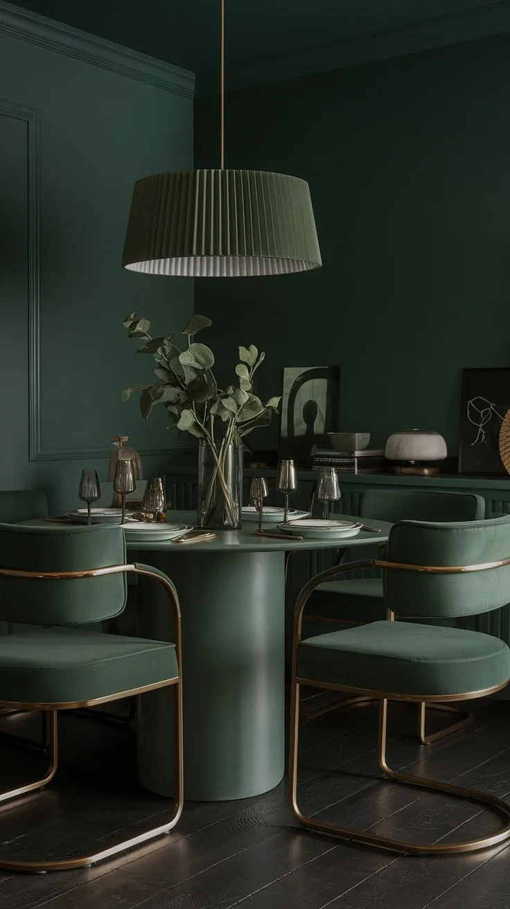 This moody dark green dining room features a sage green dining table, green dining chairs with gold accents, and deep green walls that create a captivating atmosphere.