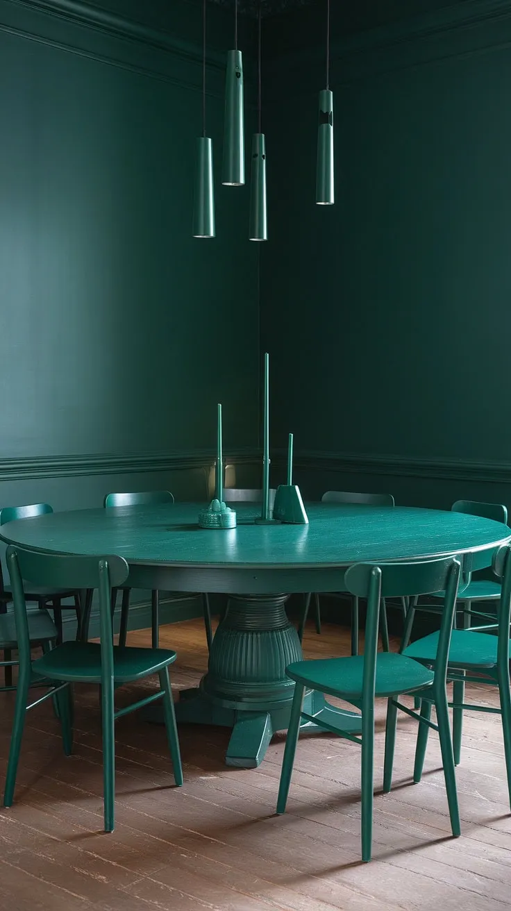 The dark green dining room showcases a stunning green dining table surrounded by lighter green chairs, with walls painted in a rich shade of green and complemented by elegant green pendants.