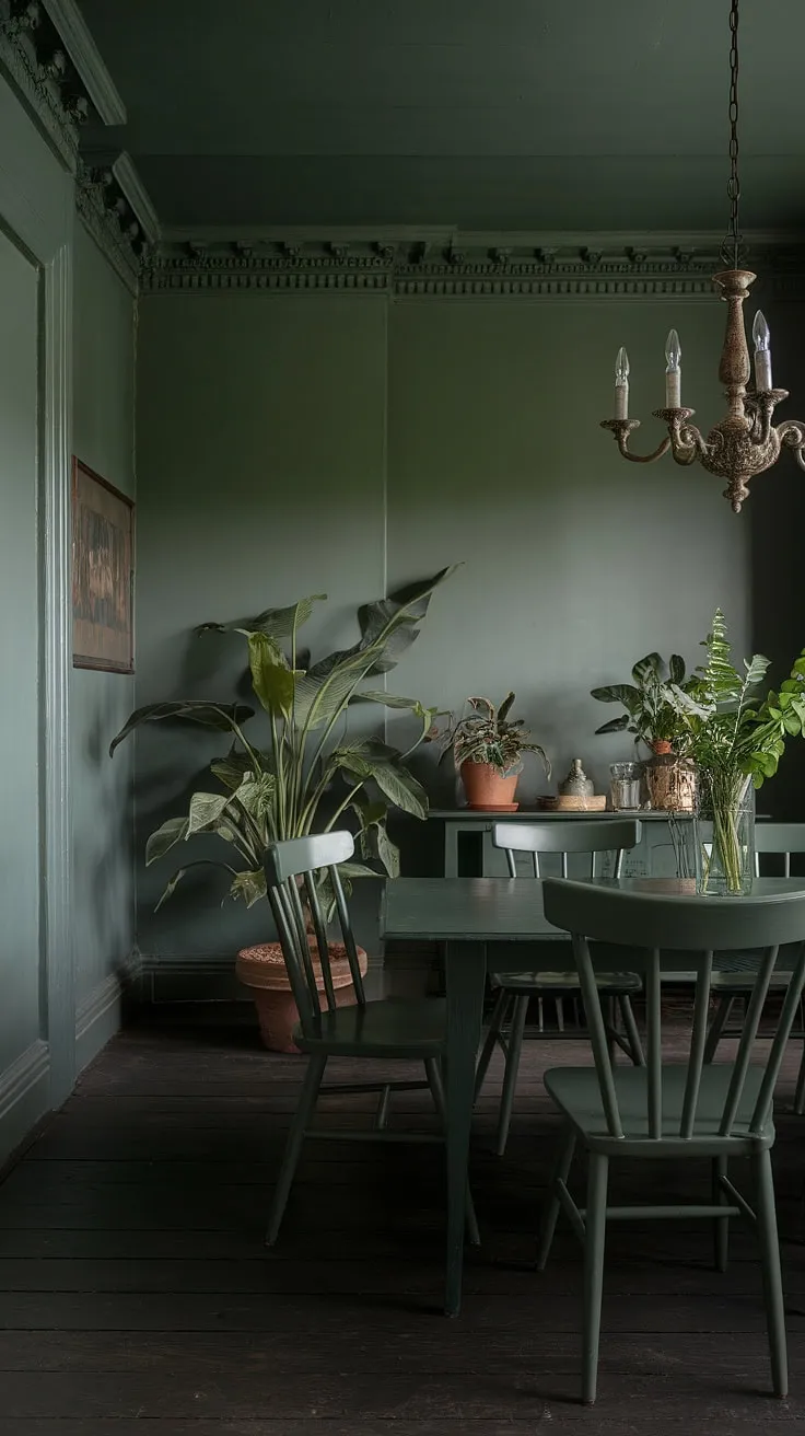 The olive green dining room showcases a dark green dining table and sage green walls, enhanced by a vintage chandelier and potted plants for a welcoming vibe.