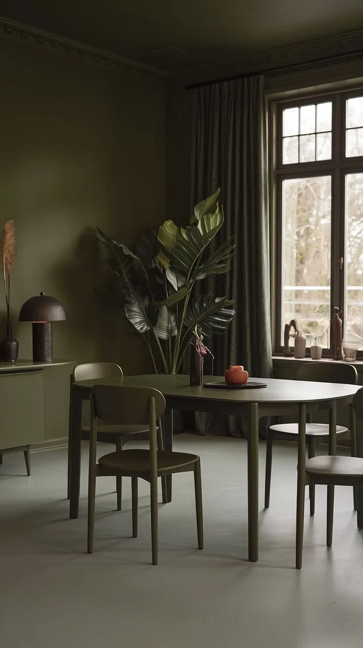 This dark green dining room features moody olive green walls and a matching dining table, creating a cozy atmosphere enhanced by natural light and a touch of greenery.
