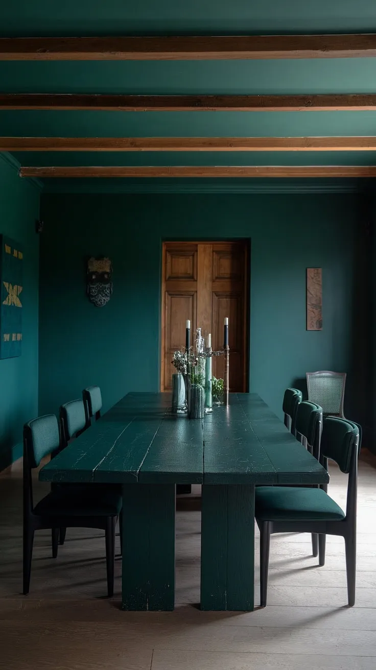 The olive green dining room showcases a dark green dining table and walls, complemented by a wooden beam ceiling and light wood flooring for a stylish yet inviting space.