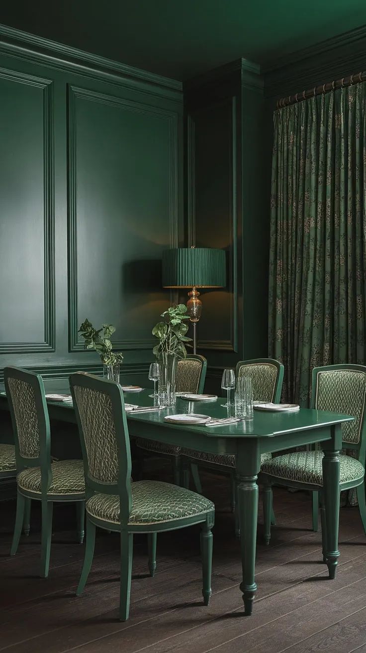 This dark green dining room features a long green dining table, moody green walls, patterned green chairs, and a stylish green lampshade, creating a cohesive olive and sage green aesthetic.