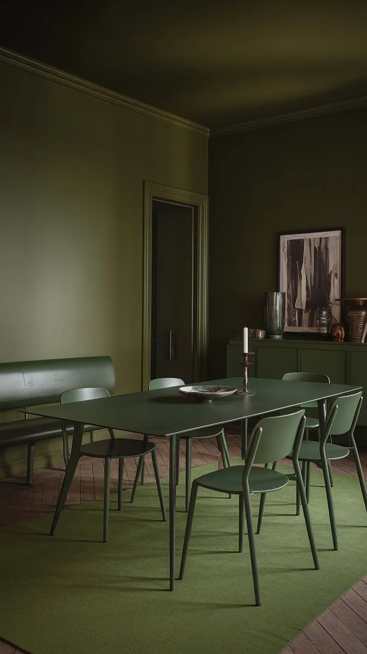 The olive green dining room, with its deep hues and soft lighting, showcases a large green dining table and matching chairs, perfect for intimate gatherings.