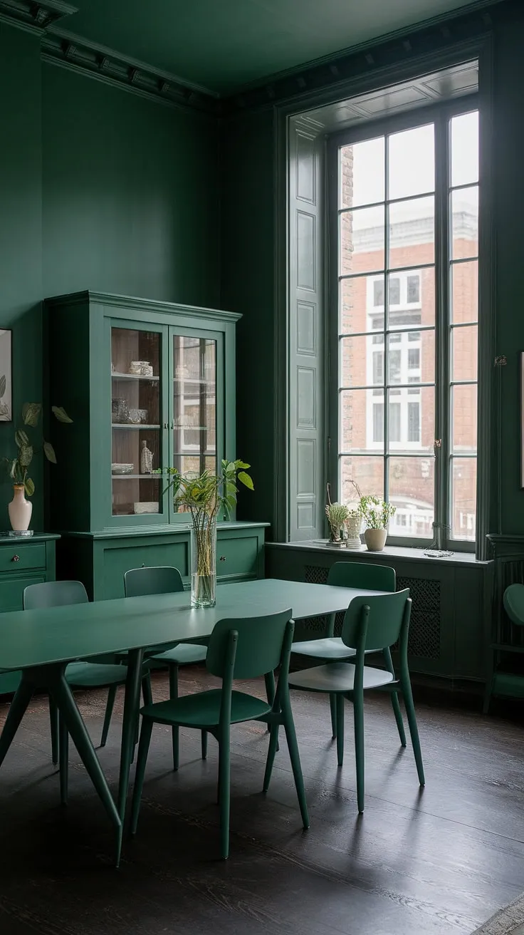 A moody olive green dining room features green dining room walls, a green dining table, and chairs, all illuminated by natural light from a large window.