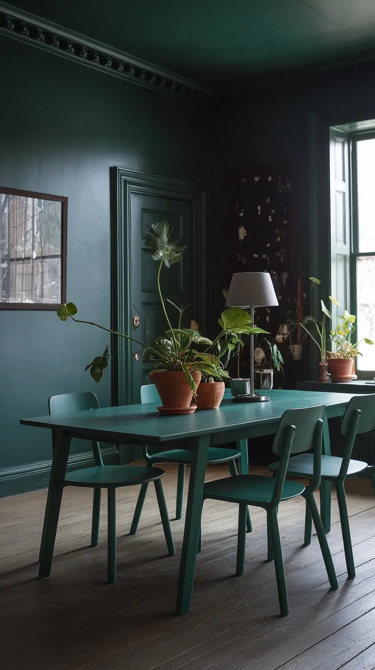 This moody green dining room features dark green walls, a green dining table, and lush potted plants, creating an inviting atmosphere.