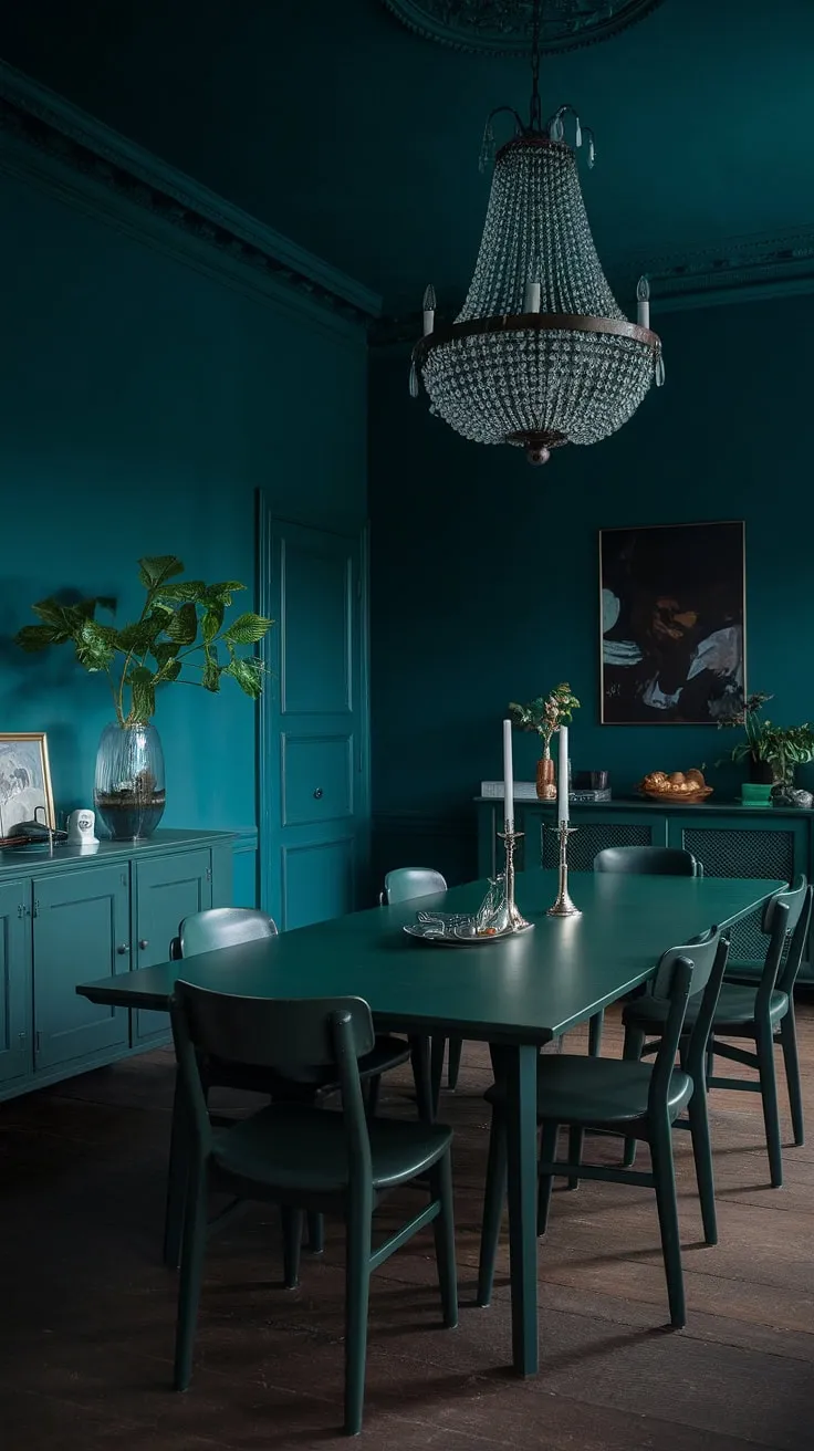 The olive green dining room showcases rich green walls and a chic green dining table, enhanced by a striking chandelier and a touch of greenery.