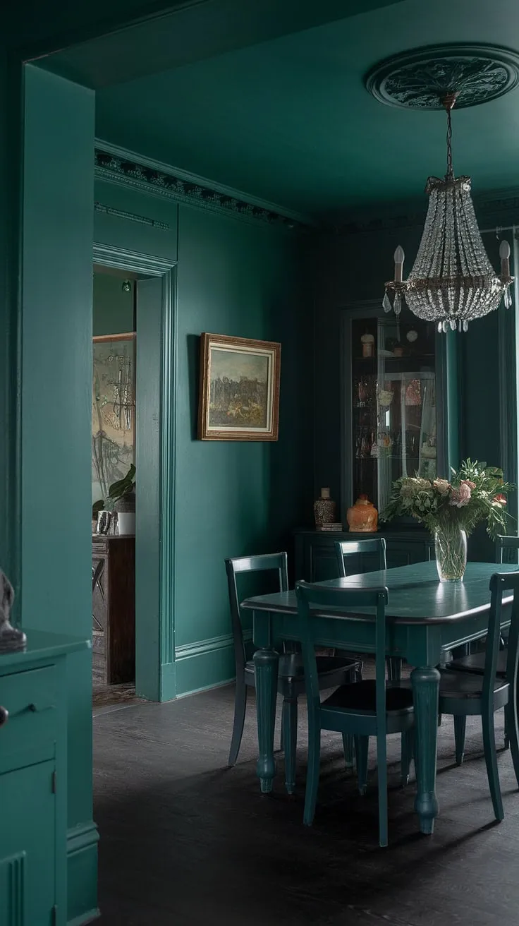 The olive green dining room, with its sage green accents and dark wood floor, exudes a cozy charm enhanced by a stunning chandelier.