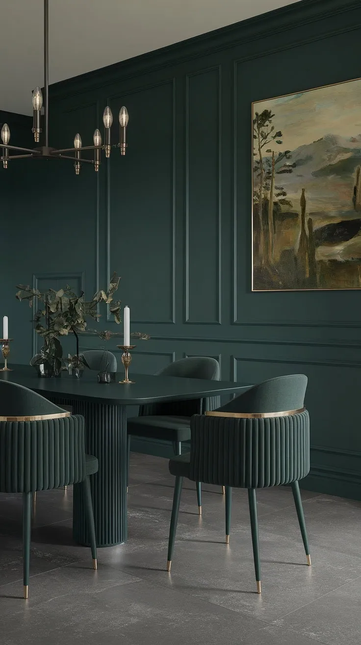 The olive green dining room showcases dark green walls and a stylish dining table, enhanced by gold-accented chairs and a striking landscape painting, perfect for an elegant dining experience.