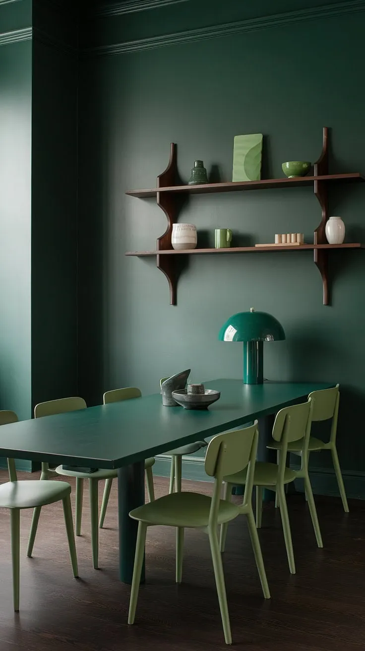 This moody olive green dining room features dark green walls and a long green dining table surrounded by lighter green chairs, accented by a green lamp and a wooden shelf displaying green and white decor.