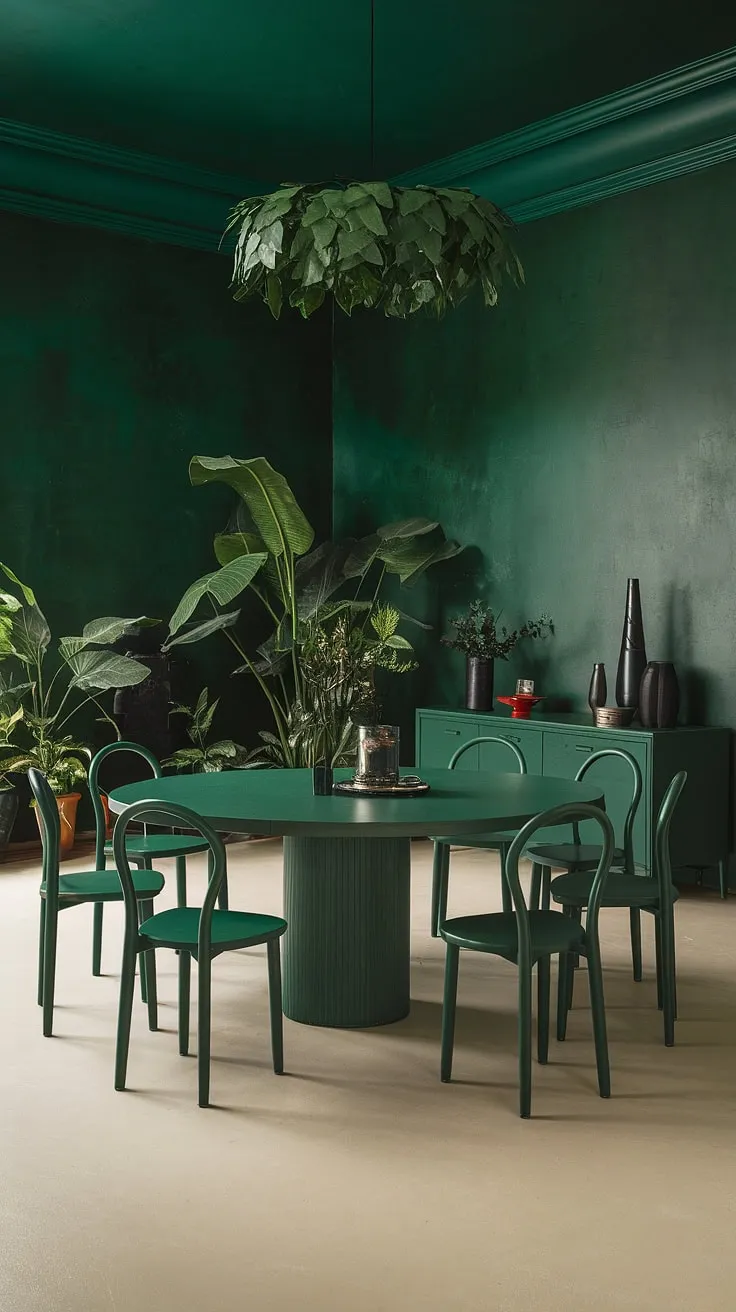 The dark green dining room showcases a round green dining table, complemented by green walls and chairs, along with decorative elements that enhance its sophisticated ambiance.