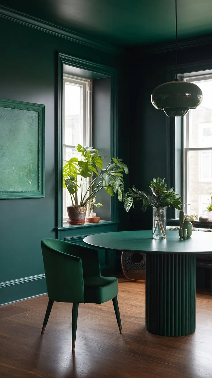 This moody green dining room features dark green walls, a green dining table, and accents of olive and sage green, creating a rich atmosphere enhanced by a potted plant and a striking green-framed painting.