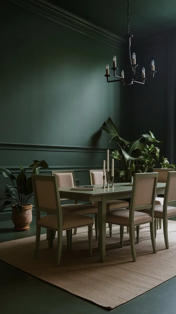 The olive green dining room showcases rich green walls and a stylish sage green dining table, enhanced by soft lighting and potted plants for a cozy yet elegant feel.