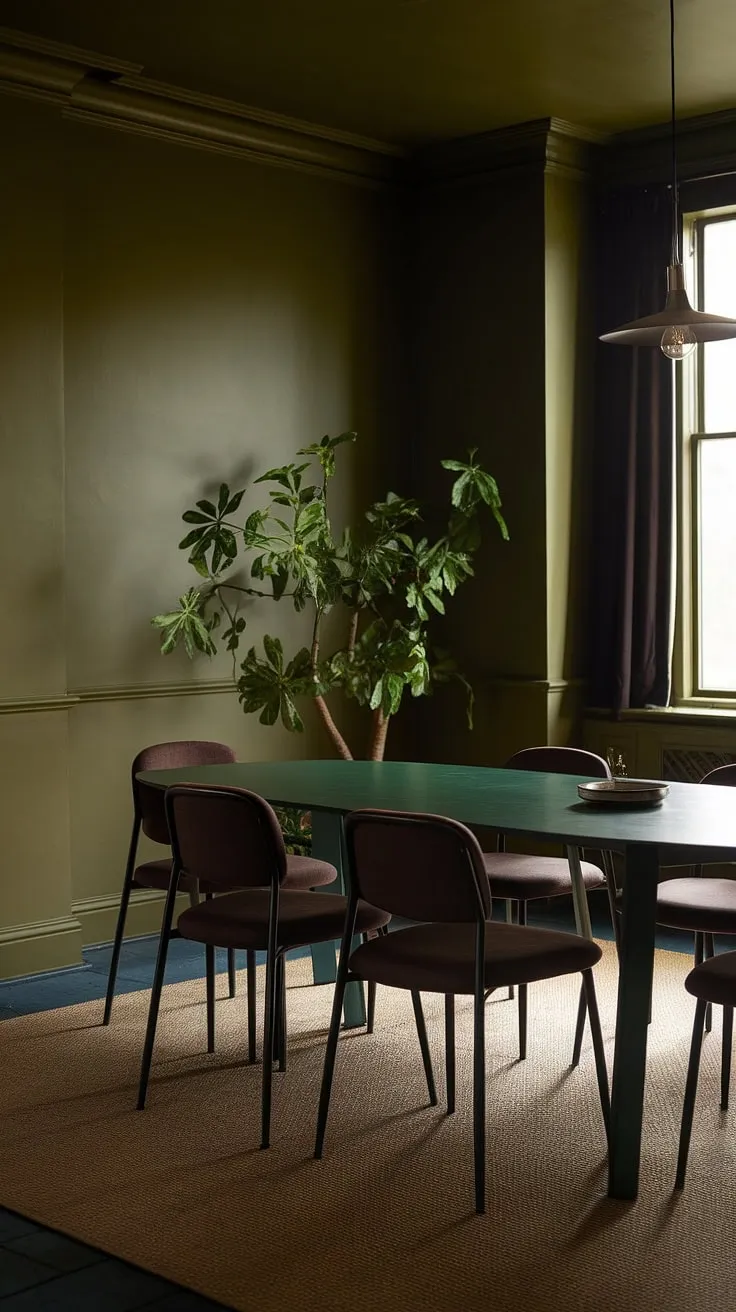 The moody green dining room showcases olive green walls and a stylish green dining table, enhanced by dark brown chairs and a touch of nature with a potted plant.
