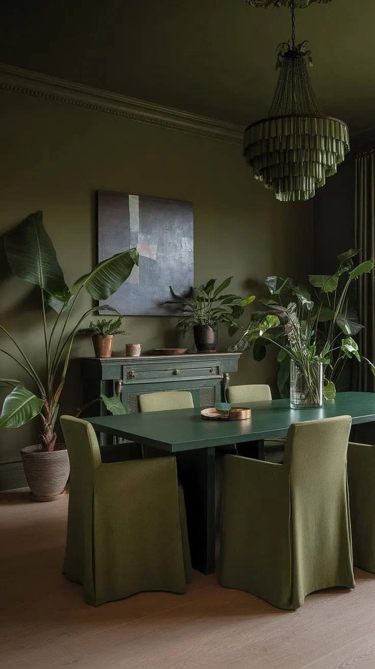 This dark green dining room features moody olive green walls, a large green dining table, and lighter green upholstered chairs, creating a harmonious space enhanced by a green chandelier and potted plants.