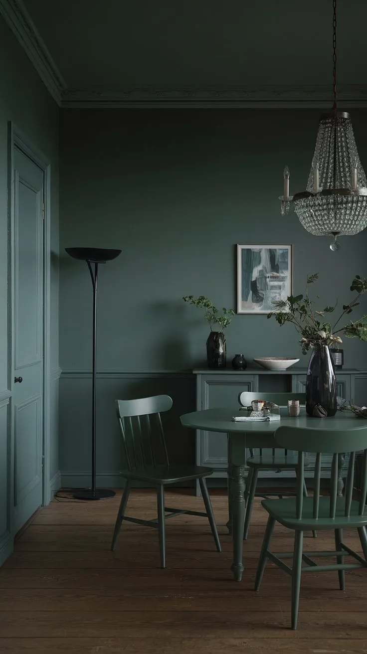 The olive green dining room exudes a moody atmosphere with its sage green walls, green dining table, and chic green chairs, enhanced by a chandelier and warm wooden floors.