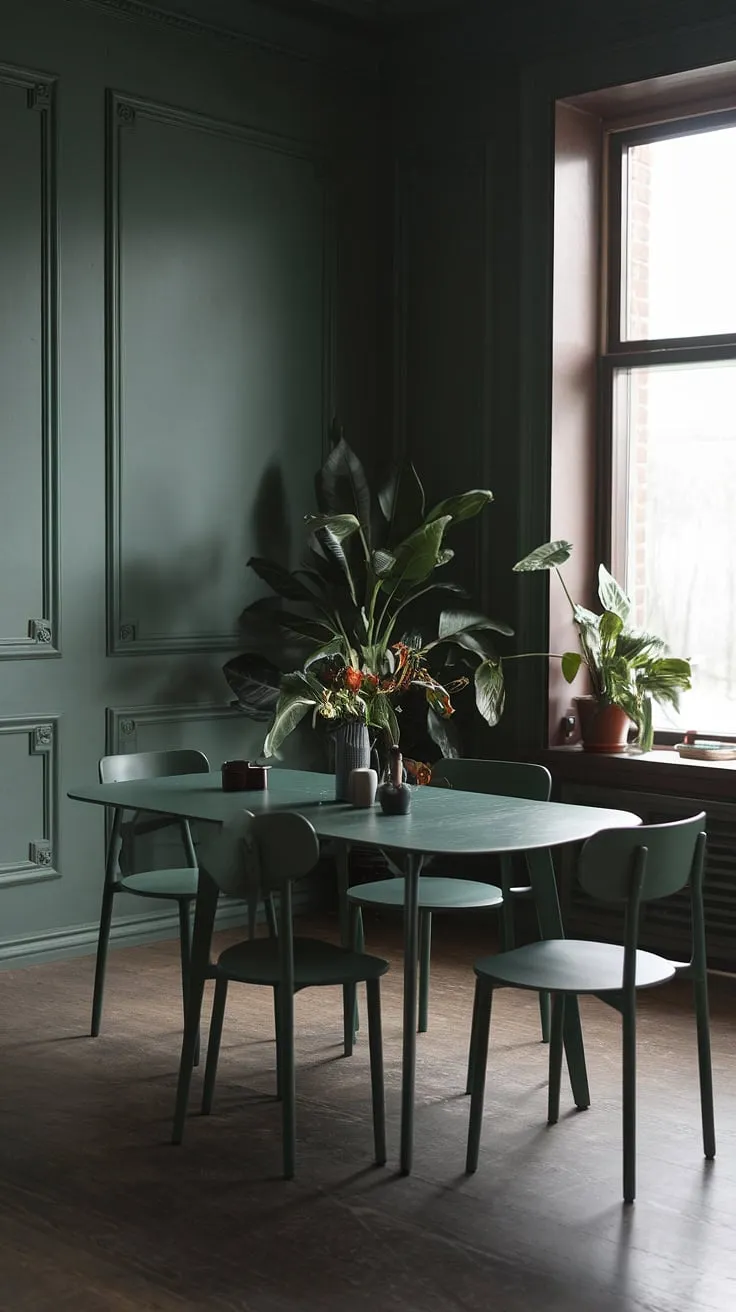 The olive green dining room features a striking green dining table and moody sage green walls, perfectly complemented by a potted plant and warm wooden floors.
