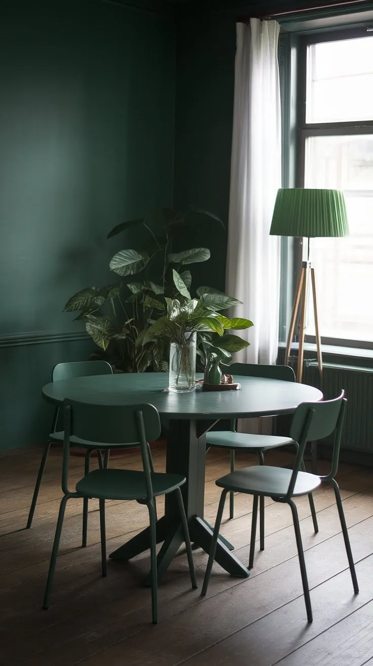 This dark green dining room features a moody green hue on the walls, a round dark green dining table with matching chairs, and a potted plant, creating a cohesive olive and sage green aesthetic.