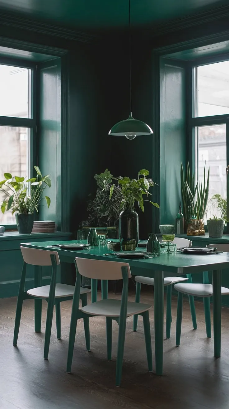 This dark green dining room features a long green dining table surrounded by white chairs with green accents, creating a moody ambiance enhanced by green plants and a stylish pendant light.