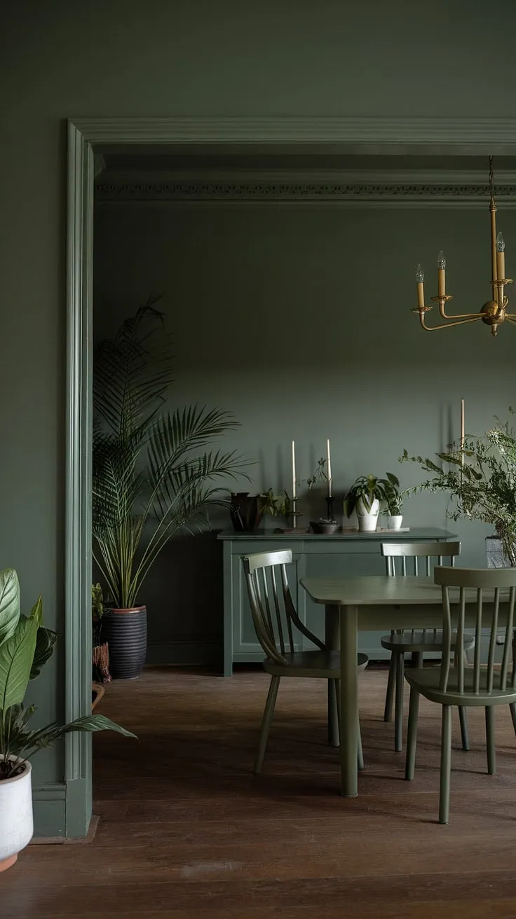 The olive green dining table and sage green walls create a harmonious atmosphere in this moody green dining room adorned with potted plants and a striking chandelier.