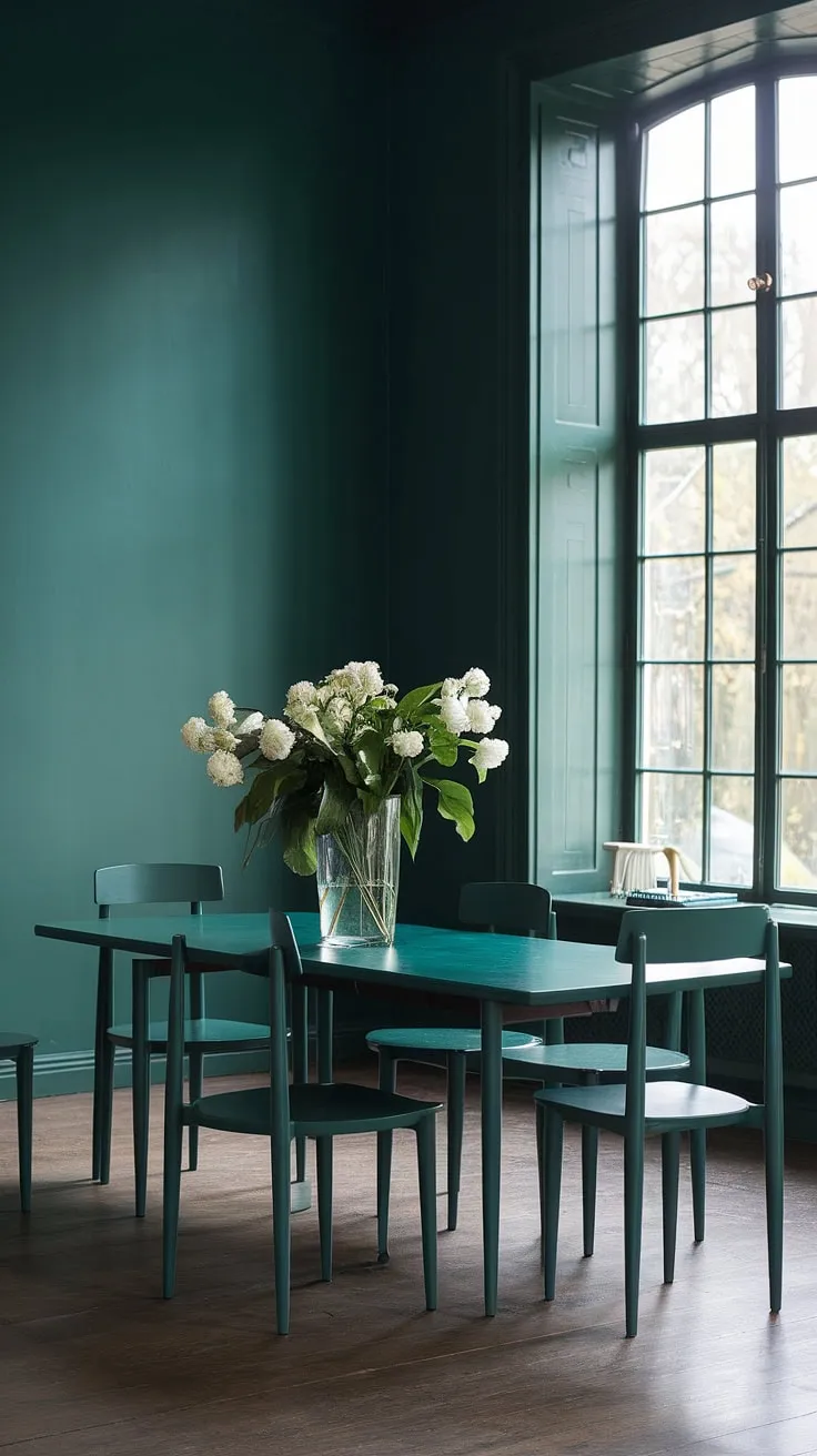 This stylish sage green dining room showcases a dark green palette with a wooden dining table and white flowers, creating a harmonious atmosphere.