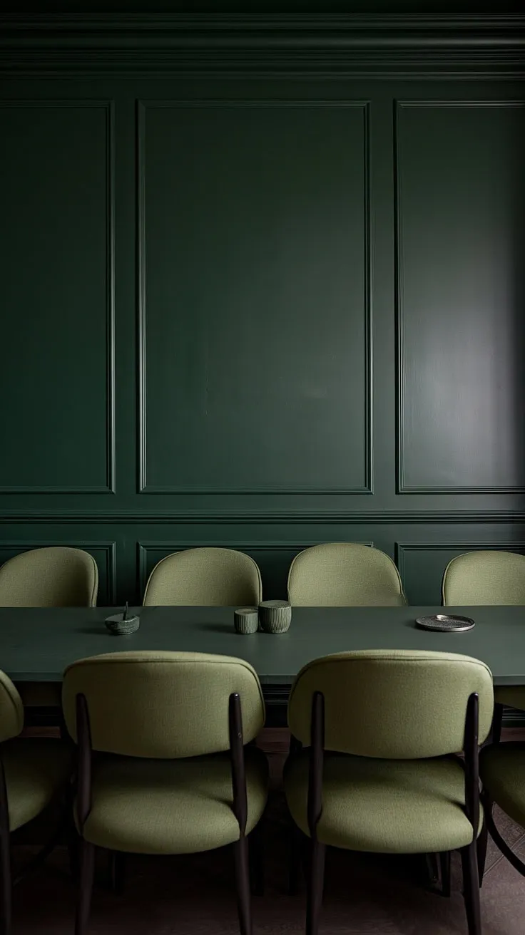 This dark green dining room showcases a harmonious blend of green dining room walls and a striking green dining table, creating an inviting yet moody atmosphere.