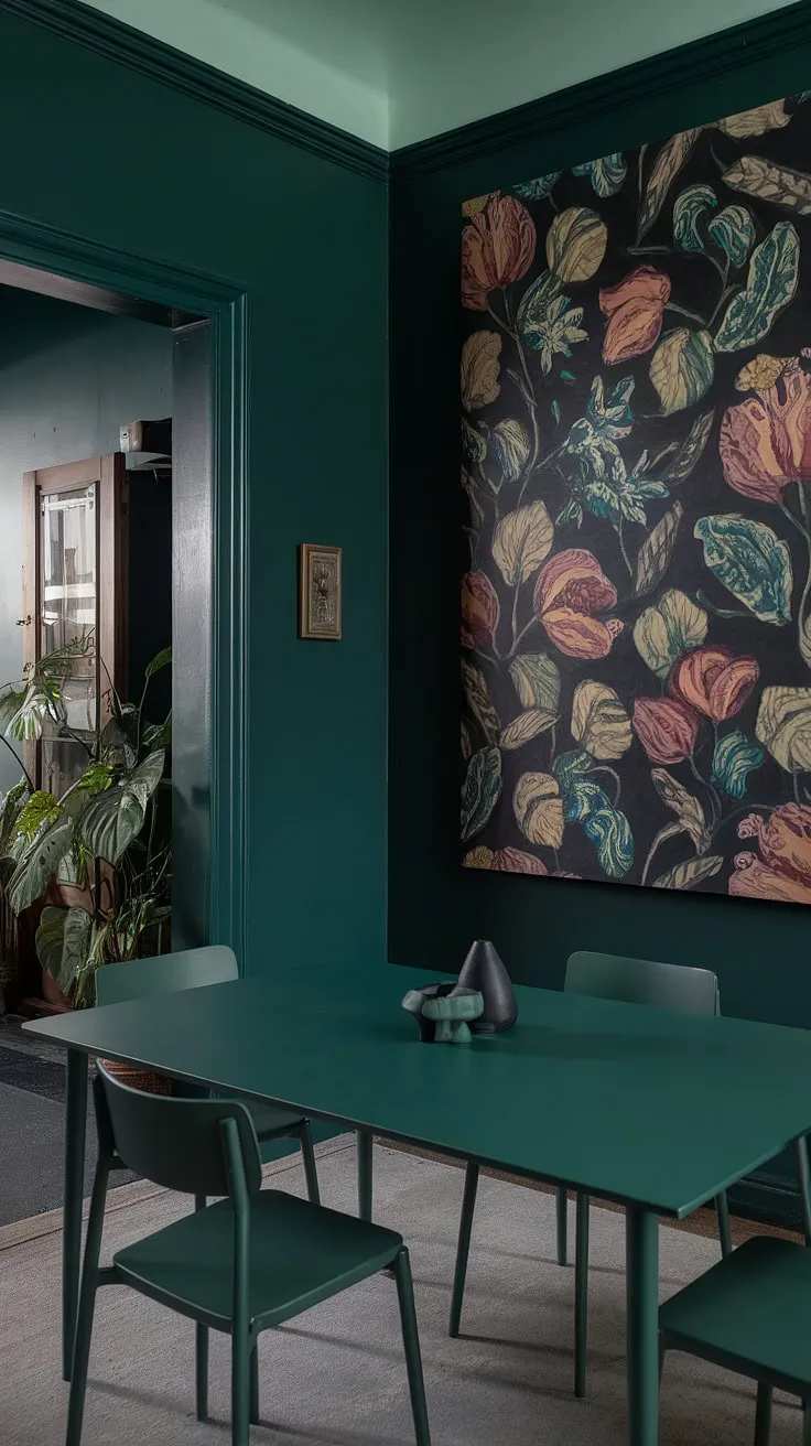 This moody green dining room features dark green walls, a green dining table with four chairs, and a floral artwork that enhances its olive and sage green tones.