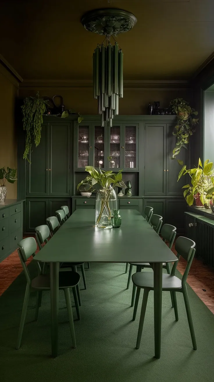 The dark green dining room, adorned with olive green walls and a striking green dining table, creates a captivating atmosphere enriched by its various shades of green.