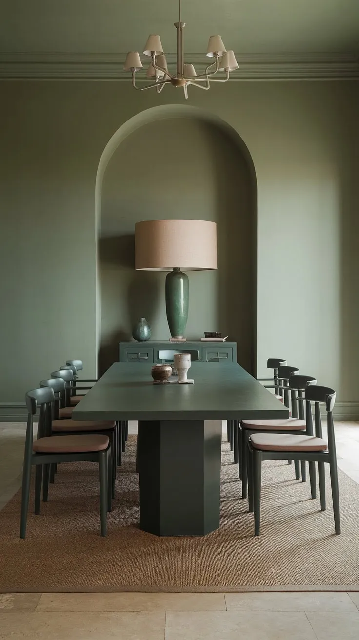This moody green dining room features dark green walls and a long dark green dining table surrounded by matching chairs, accented by a beige rug and elegant lighting.