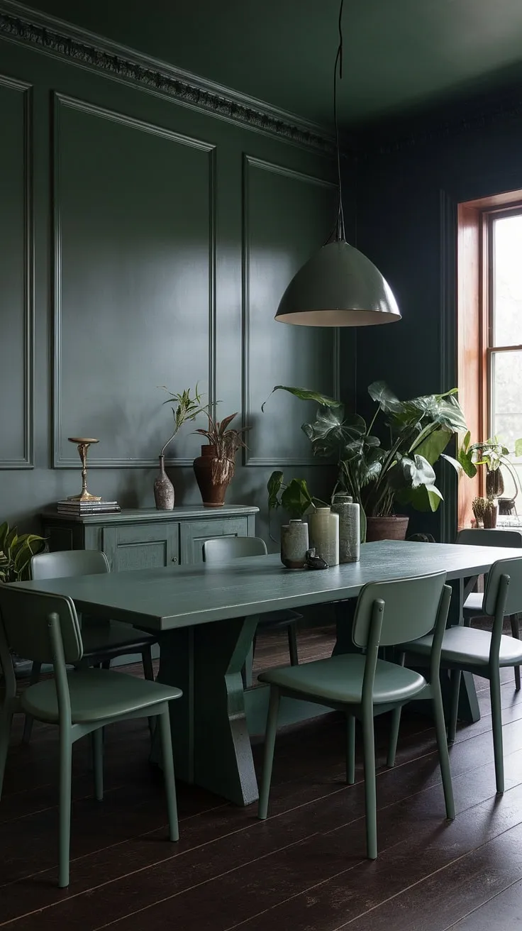 The olive green dining room features a large rustic dining table surrounded by six comfortable green chairs, set against moody sage green walls and accented by a dramatic green pendant light.