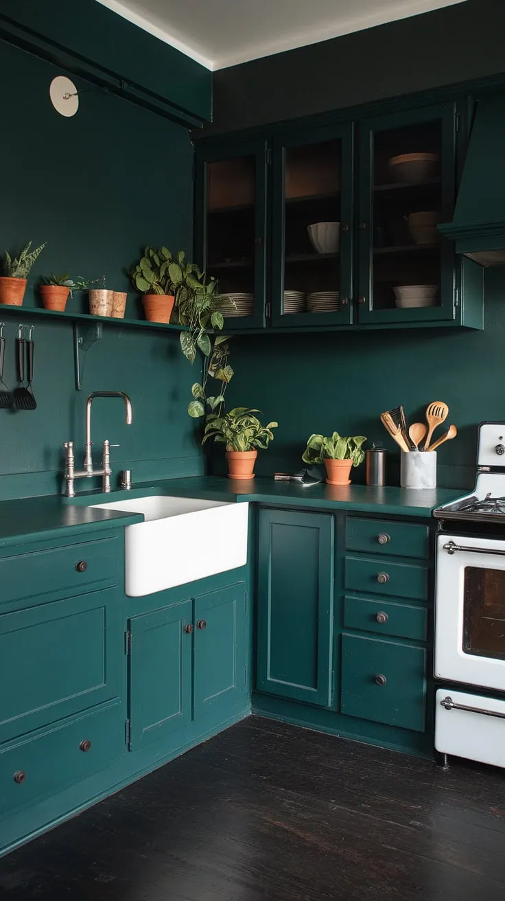 The dark kitchen features deep green walls and cabinets, complemented by a white sink and stove, showcasing a stylish dark academia interior perfect for an aesthetic kitchen.