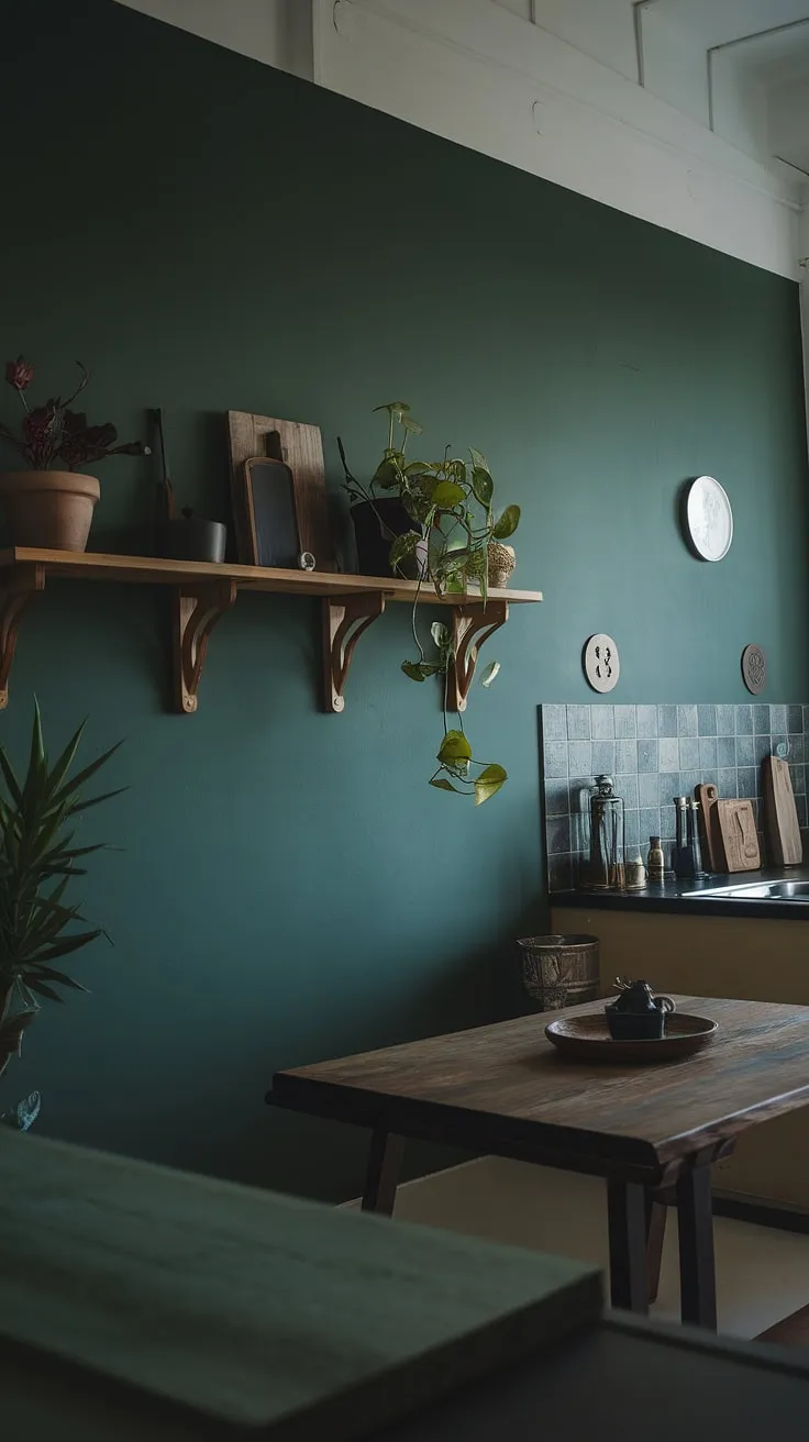 This dark green kitchen embodies dark academia and moody aesthetics, featuring wooden shelves adorned with plants, a central wooden table, and soft lighting that enhances its cozy ambiance.
