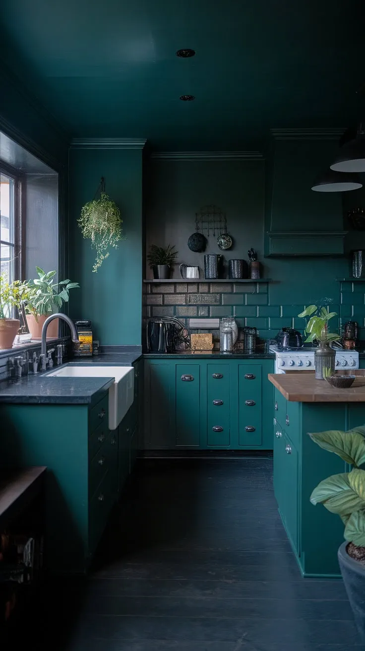 This dark green kitchen embodies a dark academia aesthetic with its moody ambiance, dark home decor, and soft lighting, creating an inviting yet dramatic interior design per la casa.