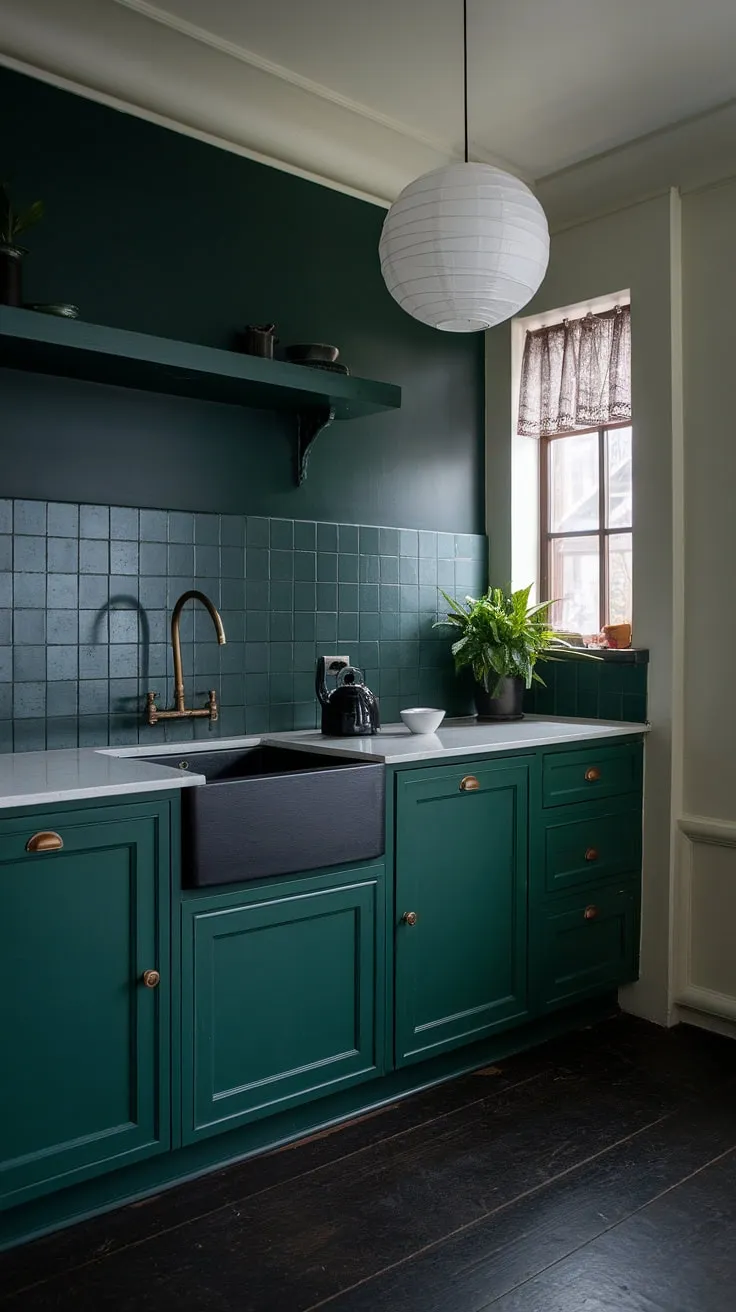 The aesthetic kitchen features a striking dark green backsplash and cabinets, complemented by a white lantern pendant light, merging dark academia interior design with a cozy, inviting atmosphere.