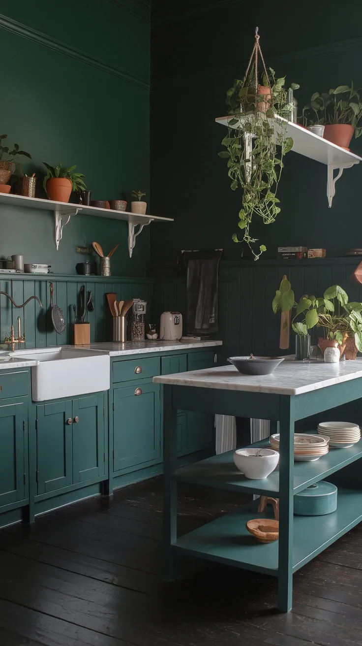 The aesthetic kitchen features dark green walls and cabinets, complemented by a white marble island and dark wood floors, perfect for a dark academia interior design.
