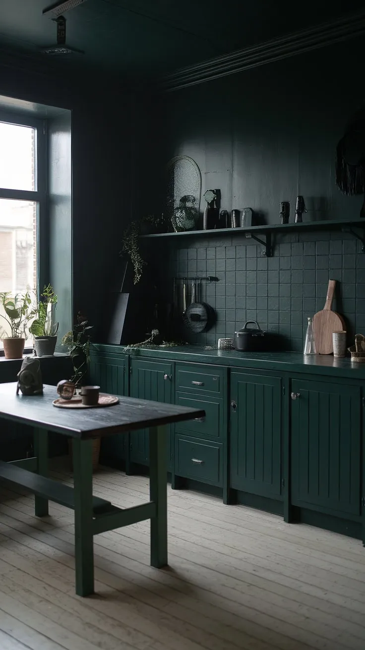 This dark green kitchen embodies dark academia interior design with its moody ambiance, dark home decor, and aesthetic touches like a wooden table and potted plants.