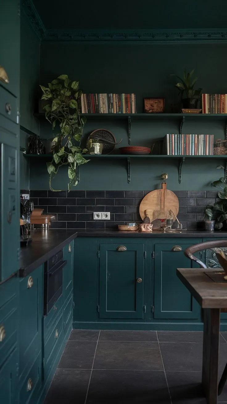 This dark green kitchen embodies a dark academia aesthetic with its moody ambiance, dark cabinets, and soft lighting, creating a captivating interior design for the home.