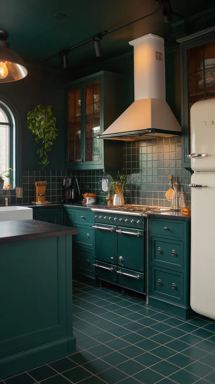 This dark green kitchen embodies dark academia aesthetics with its moody ambiance, featuring dark green cabinets and tiles complemented by white countertops and warm lighting for a striking dark home decor.