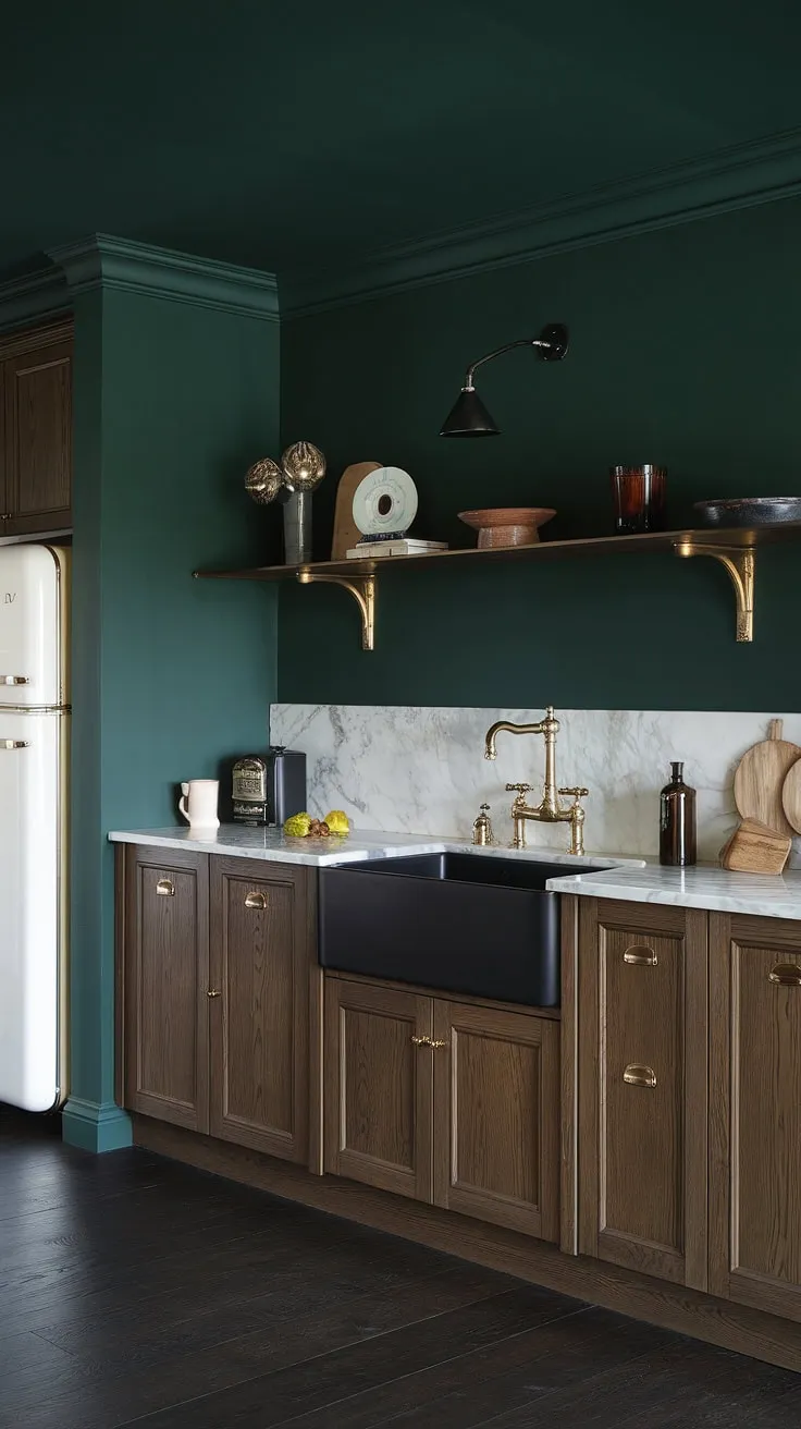 The dark kitchen features rich green walls, elegant brass accents, and soft lighting, perfectly blending dark home decor with an aesthetic kitchen vibe.