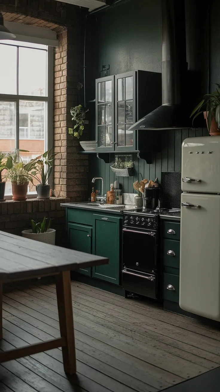 This dark green kitchen embodies a dark academia aesthetic with its moody ambiance, featuring wooden elements, exposed brick walls, and dark home decor.