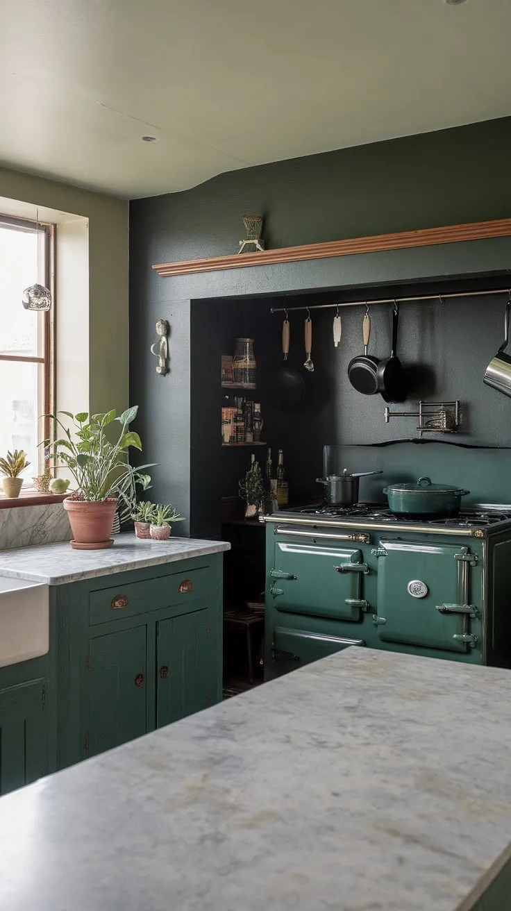 The dark kitchen features rich green cabinetry and vintage elements, perfectly capturing the essence of dark academia interior design while maintaining an inviting aesthetic.