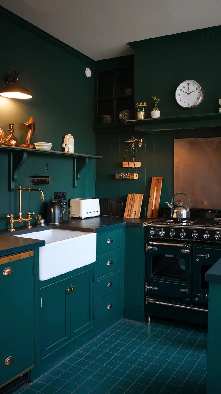 This dark green kitchen embodies dark academia and moody vibes with its rich hues, elegant decor, and warm lighting, creating a captivating aesthetic for dark home decor.