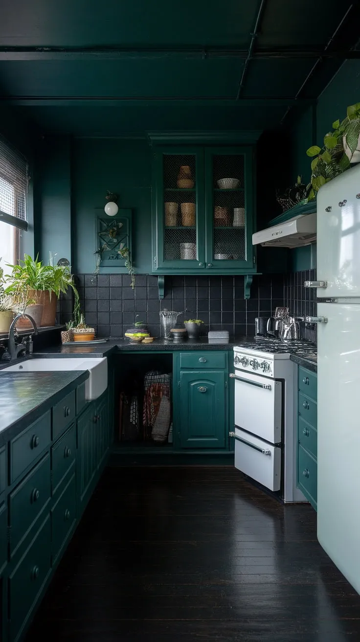 This dark green kitchen embodies a dark academia aesthetic with its moody atmosphere, dark home decor, and stylish interior design per la casa.