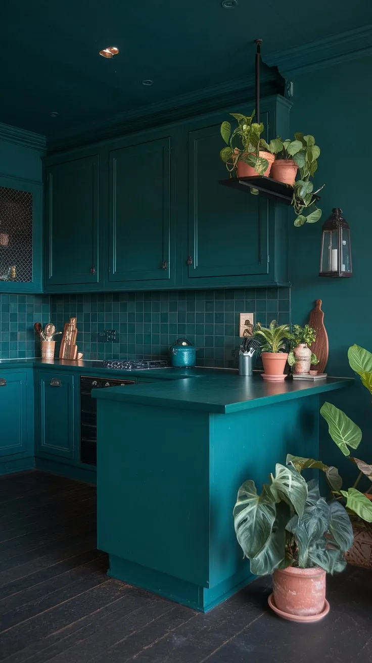 The aesthetic kitchen features deep green walls and cabinets, a contrasting white island, and soft lighting, perfectly capturing the essence of dark academia interior design.