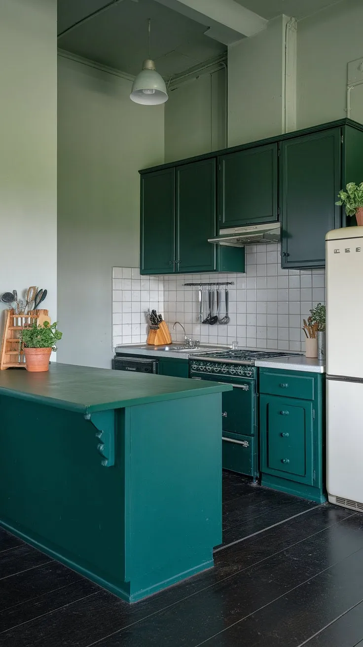 This dark green kitchen embodies dark academia and moody aesthetics with its rich cabinetry, bright lighting, and dark wood flooring, creating an inviting yet sophisticated dark home decor.