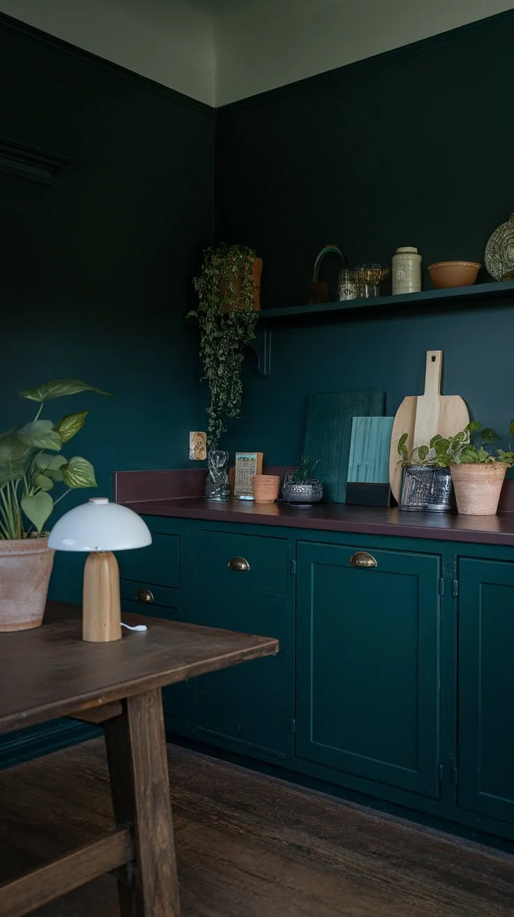 The aesthetic kitchen showcases a dark green palette with a wooden table and stylish decor, creating a captivating dark academia interior perfect for any home.