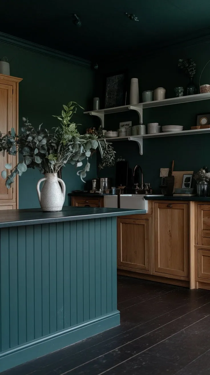 This dark green kitchen embodies dark academia interior design with its moody ambiance, dark home decor, and aesthetic elements like wooden cabinets and a striking green island.