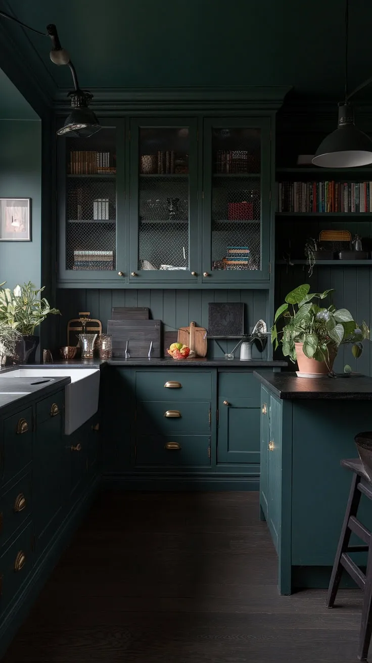 This dark green kitchen embodies a dark academia aesthetic with its moody ambiance, wooden cabinets, and cozy decor, creating an inviting space for any dark home decor enthusiast.