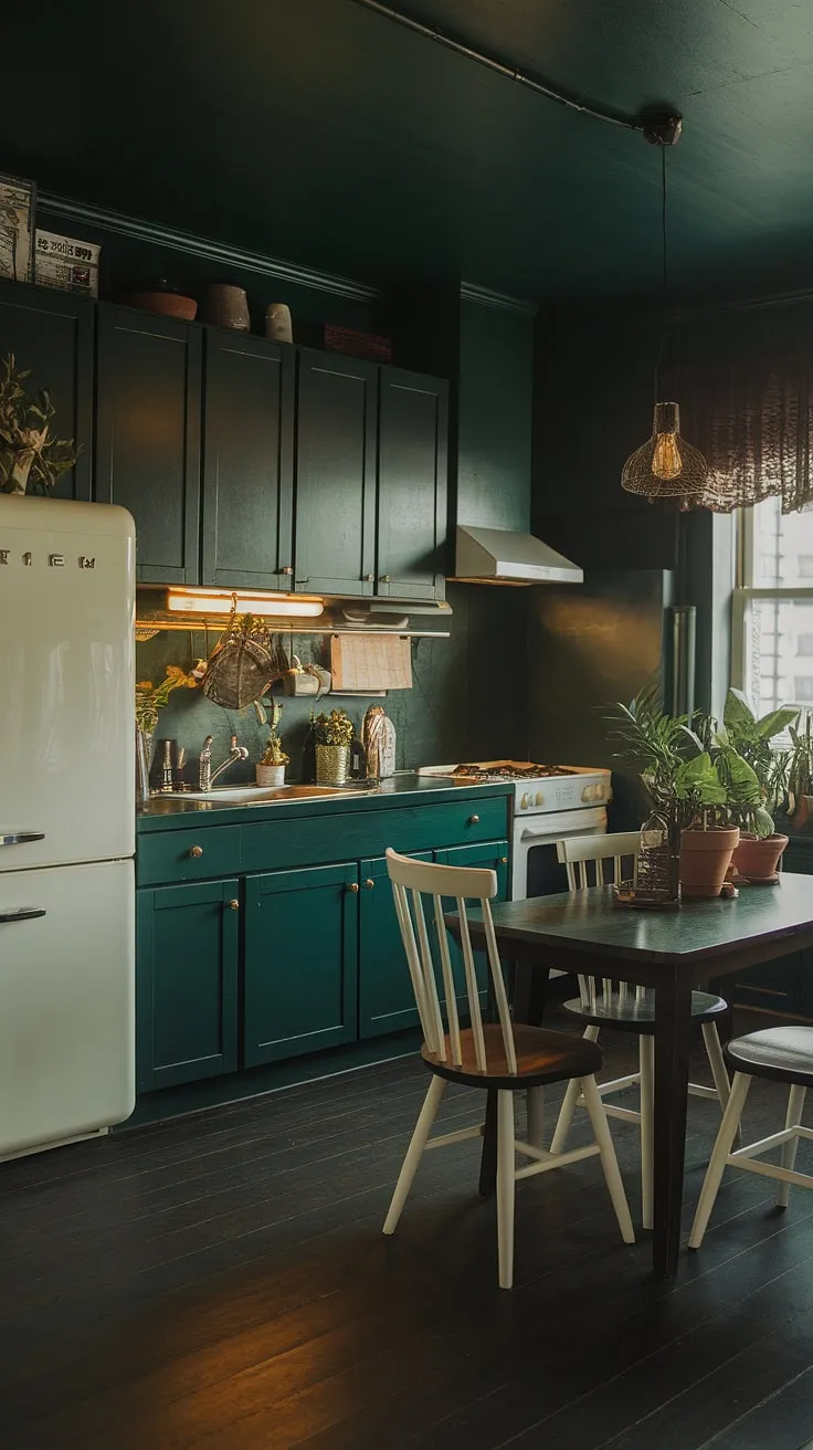The dark kitchen features a rich dark green palette and dark home decor, perfectly capturing the essence of a moody dark academia interior in an aesthetic kitchen.
